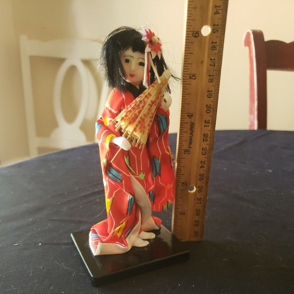 Vintage Japanese Geisha Girl Doll Figurine 6 Inches Tall on a Wooden Base